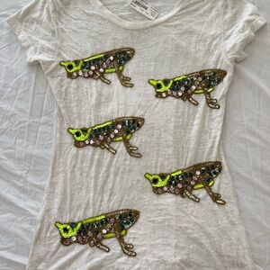 Patricia Field Store White Tee with Sequin and Neon Embellished Grasshopper